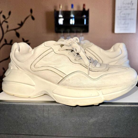 Gucci Rython Men's Distressed Logo Leather Sneakers in Cream - Picture 7 of 14